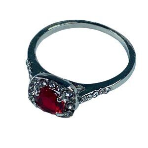 Fashion Ring Stone is Red Shade in Silver Color Band Rhinestone Accents size 9